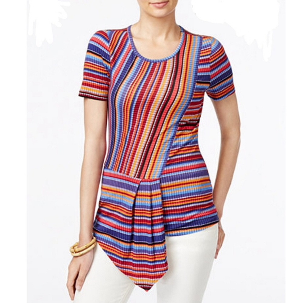 Eci New York Women’s asymmetrical colorful rainbow striped tunic Summer top L